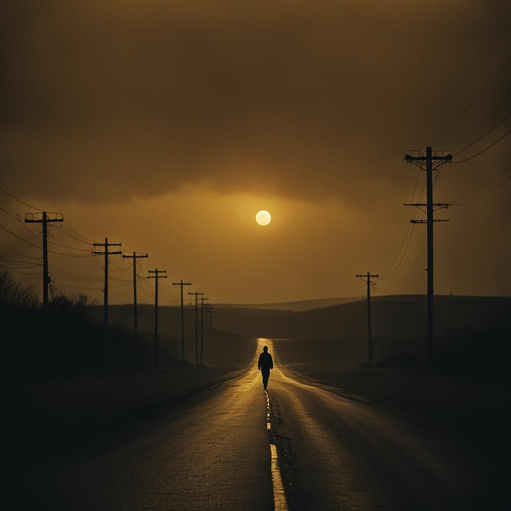 Atmospheric Film Still of a Lone Figure on Road