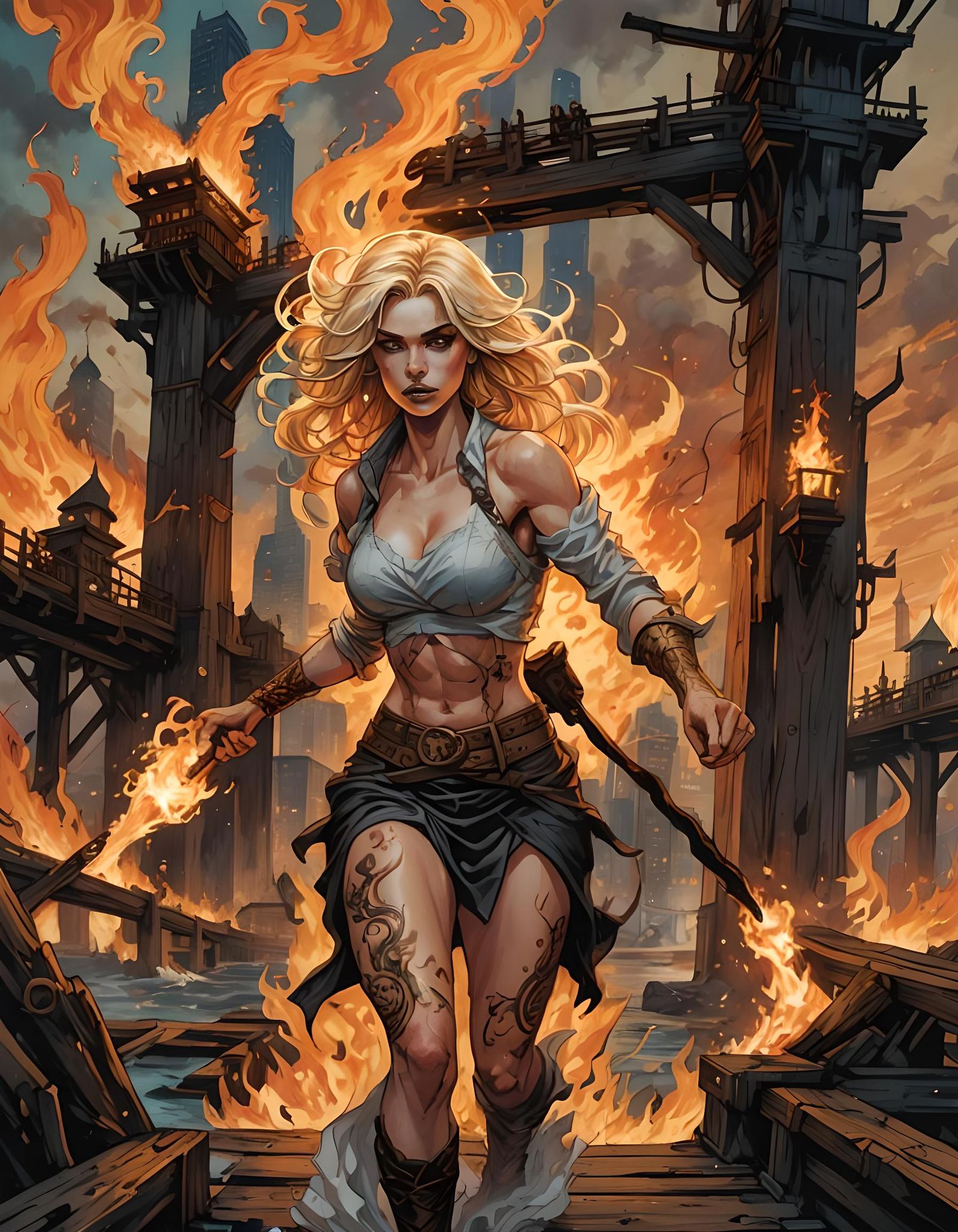 Beauty Blonde surrounded by giant ogres