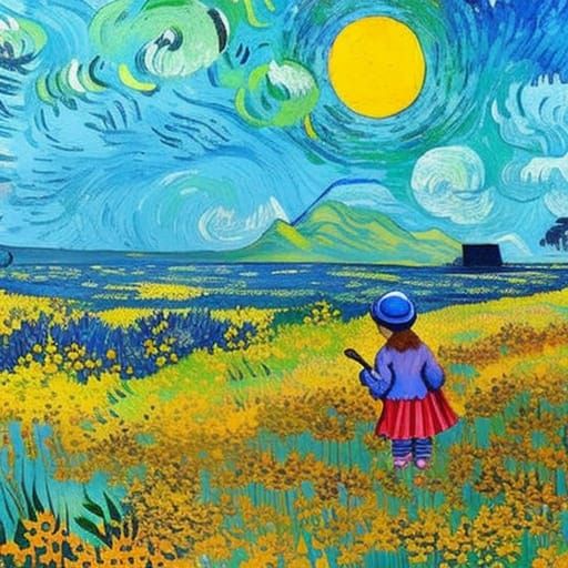 Girl Collecting Flowers on Prairie, Gouache Style