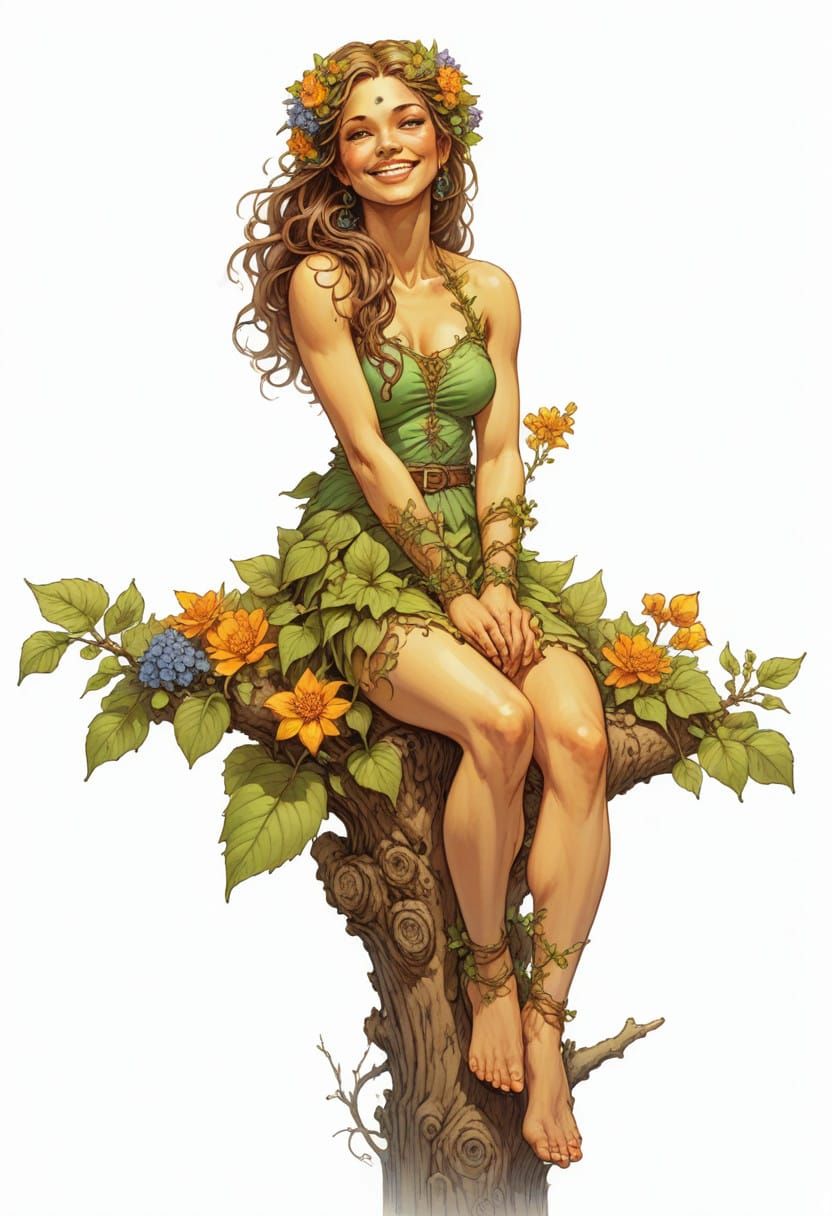 Fierce Dryad Goddess Adorns Tree with Floral Crown