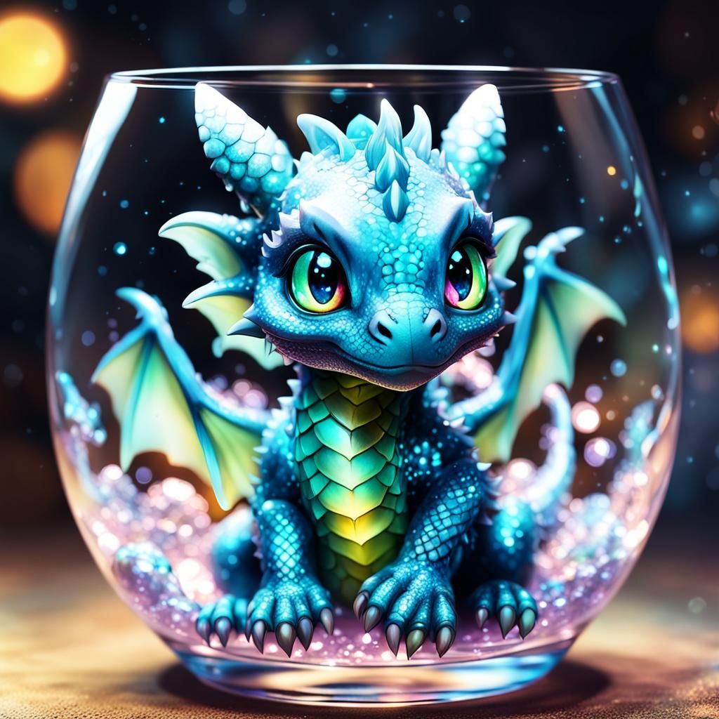 Cute Baby Dragon in Glass: Digital Anime Art