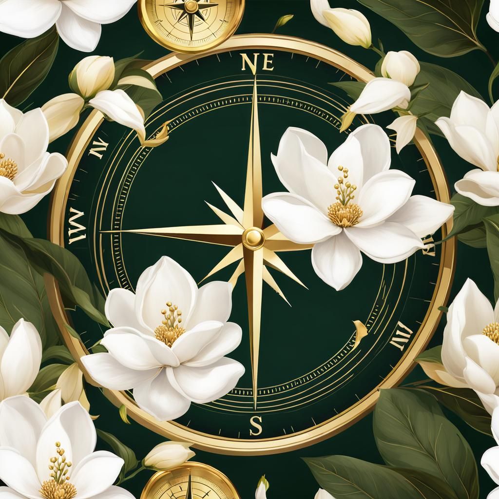 Vintage Gold Compass with White Magnolias