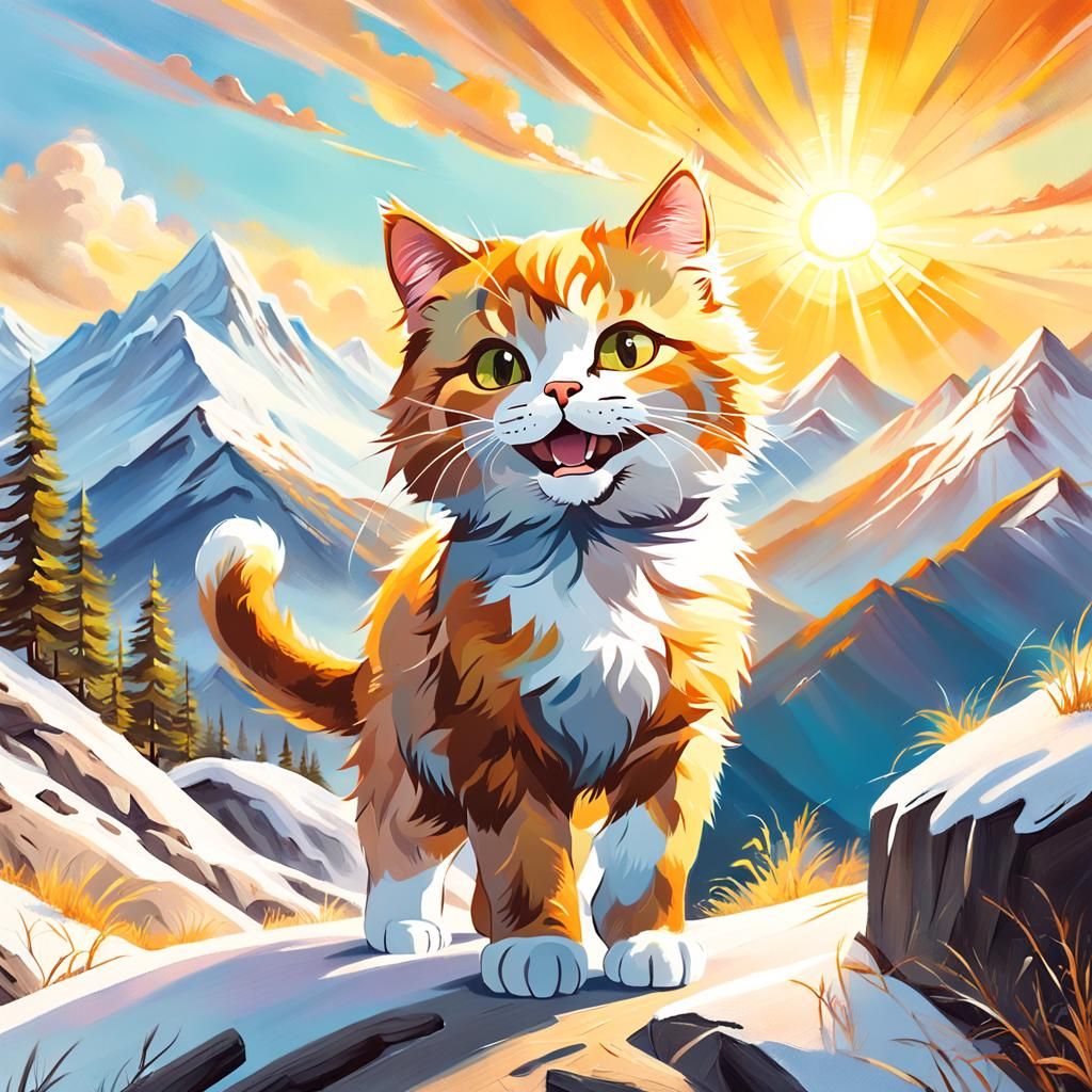 Kitty Exploring Mountains as Oil Painting