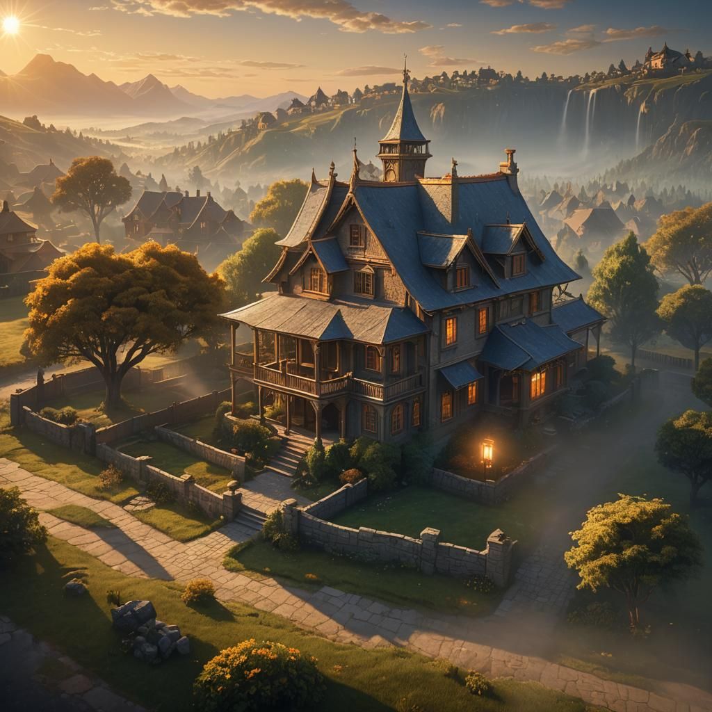 Fantasy House at Sunrise in Golden Light