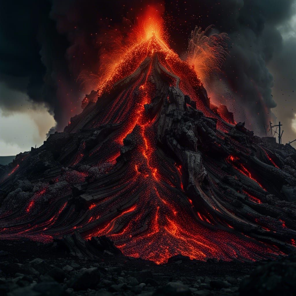 Erupting Volcano in Desolate Landscape, Watercolor Style