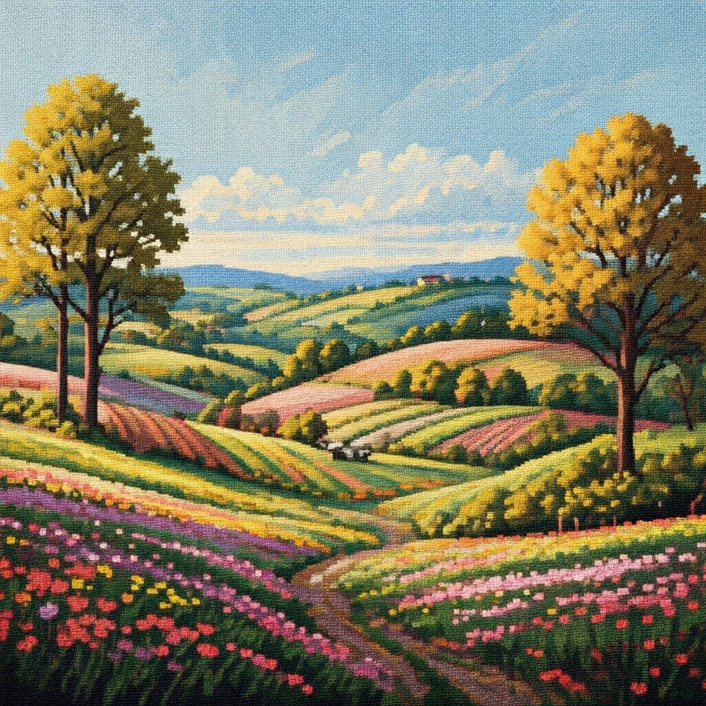 Early Spring Countryside in Intricate Cross Stitch Embroider...