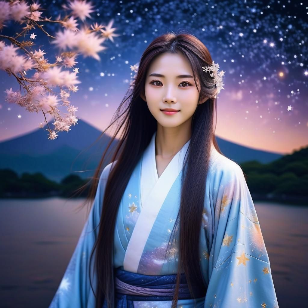 Serene Asian Woman in Celestial Robe with Flowing Hair