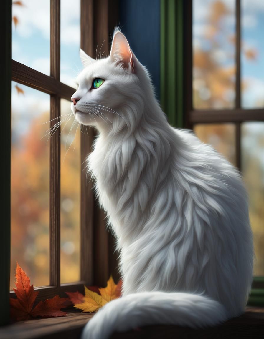 Heterochromatic White Cat Hunting in Autumn Sunlight