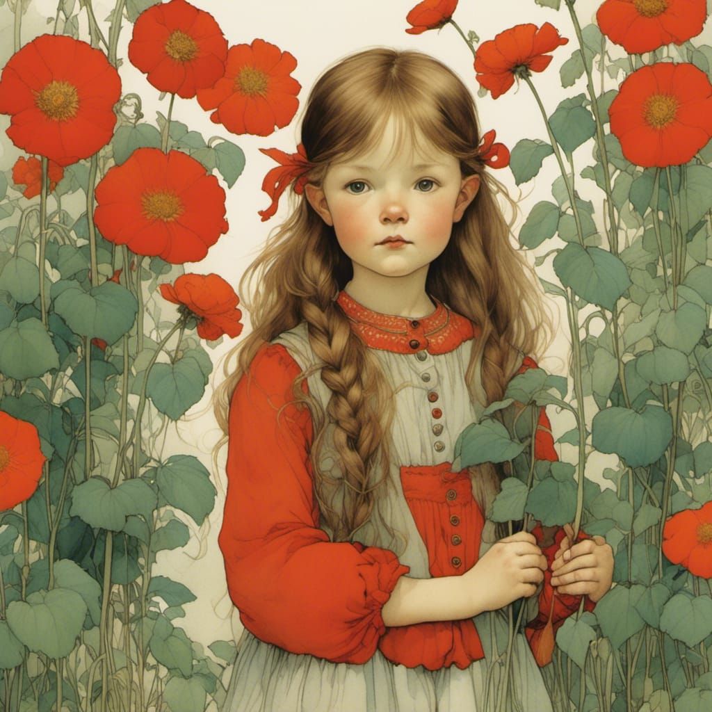 Vibrant Watercolor Portrait of a Young Girl in a Whimsical S...