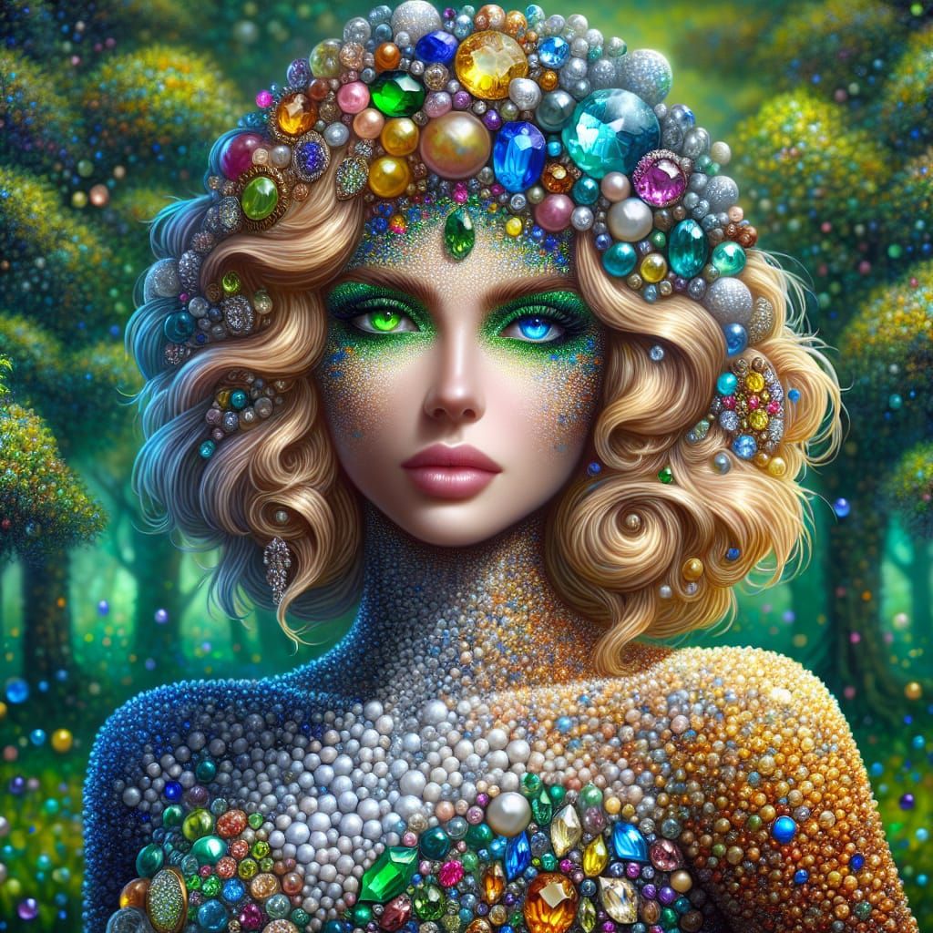 Heterochromatic Woman in Jewel-Adorned Bubble Dress