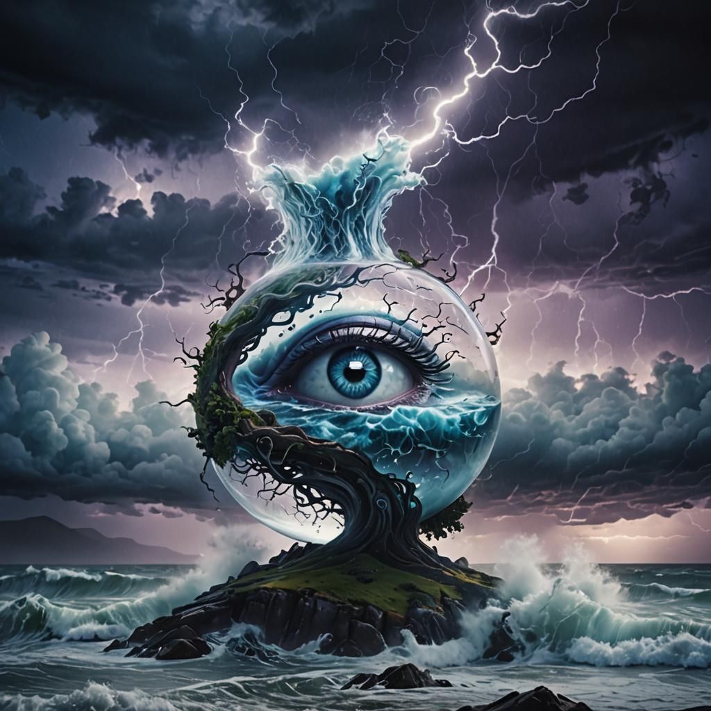 Glass A with Eye and Brain in Surreal Landscape