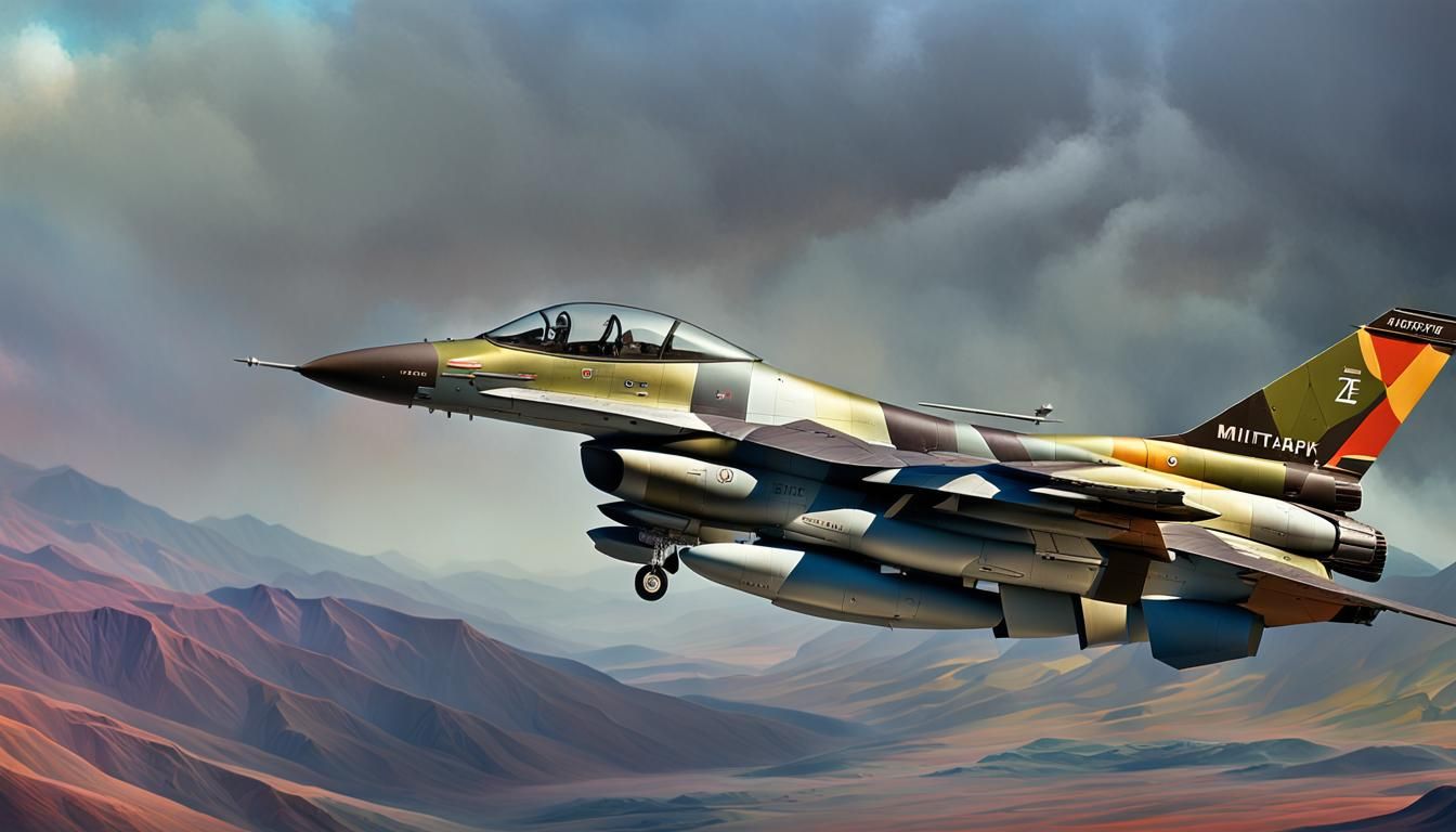 Detailed F16 Aircraft in Explosive Digital Art