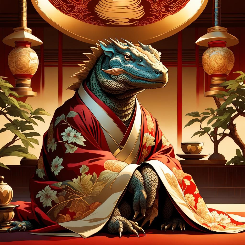 Komodo Dragon Tea Ceremony in Alphonse Mucha Style