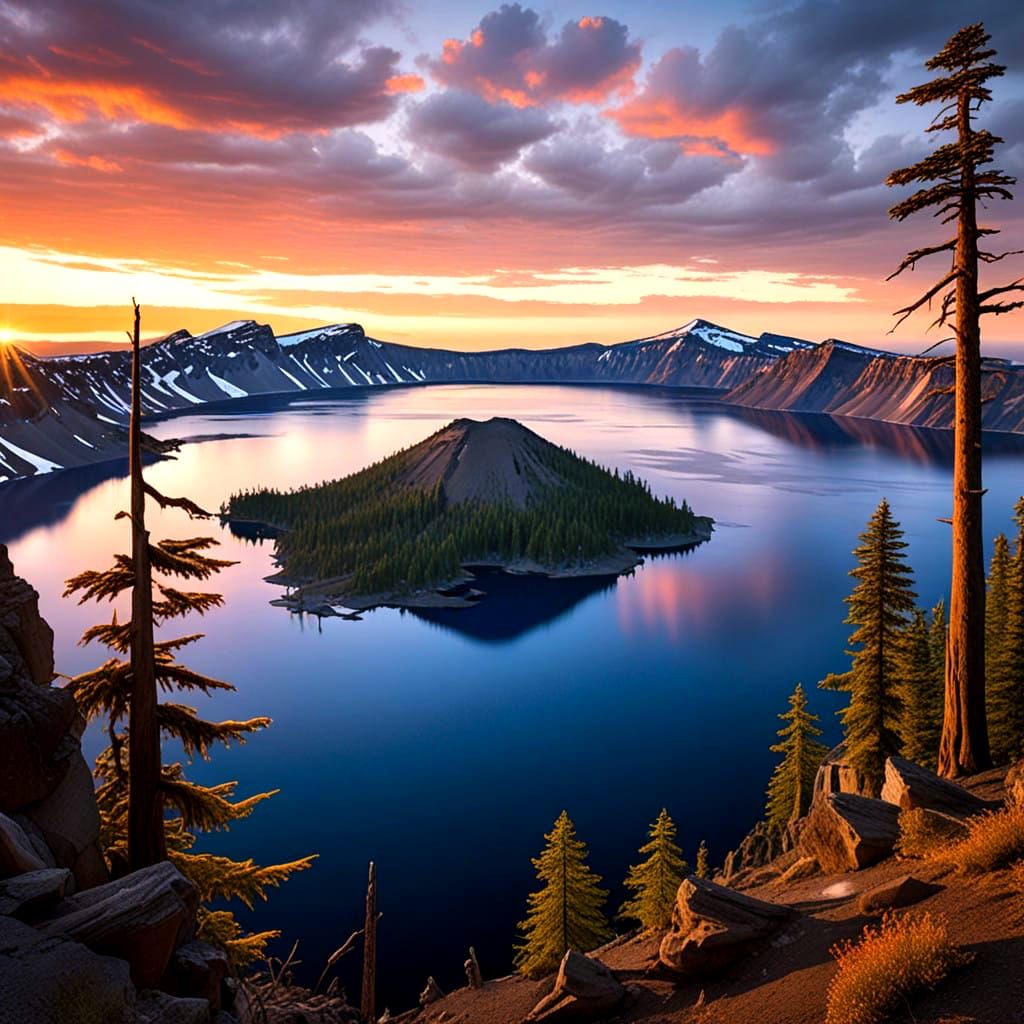 Oregon's Crater Lake at Sunset, a Natural Wonder