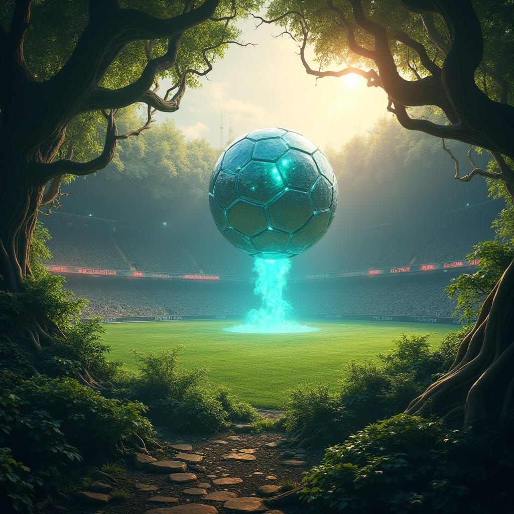 Mystical Soccer Stadium in a Futuristic, Ancient Forest