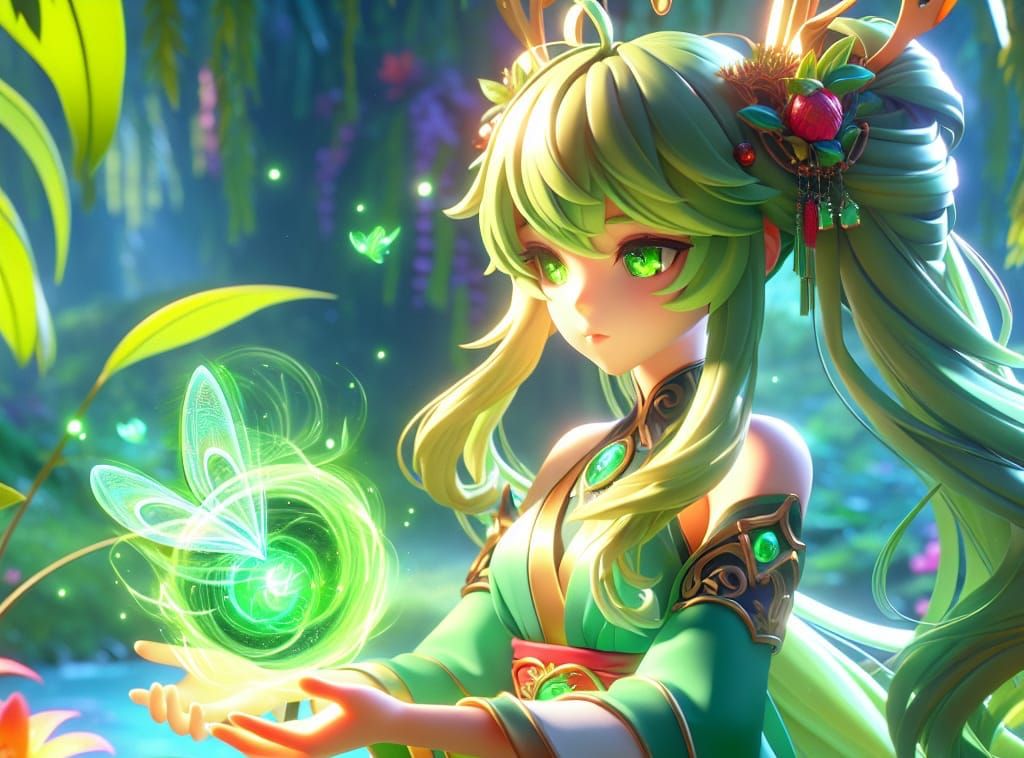 Anime Fairy Girl Conjures Emerald Energy Orb in Traditional ...