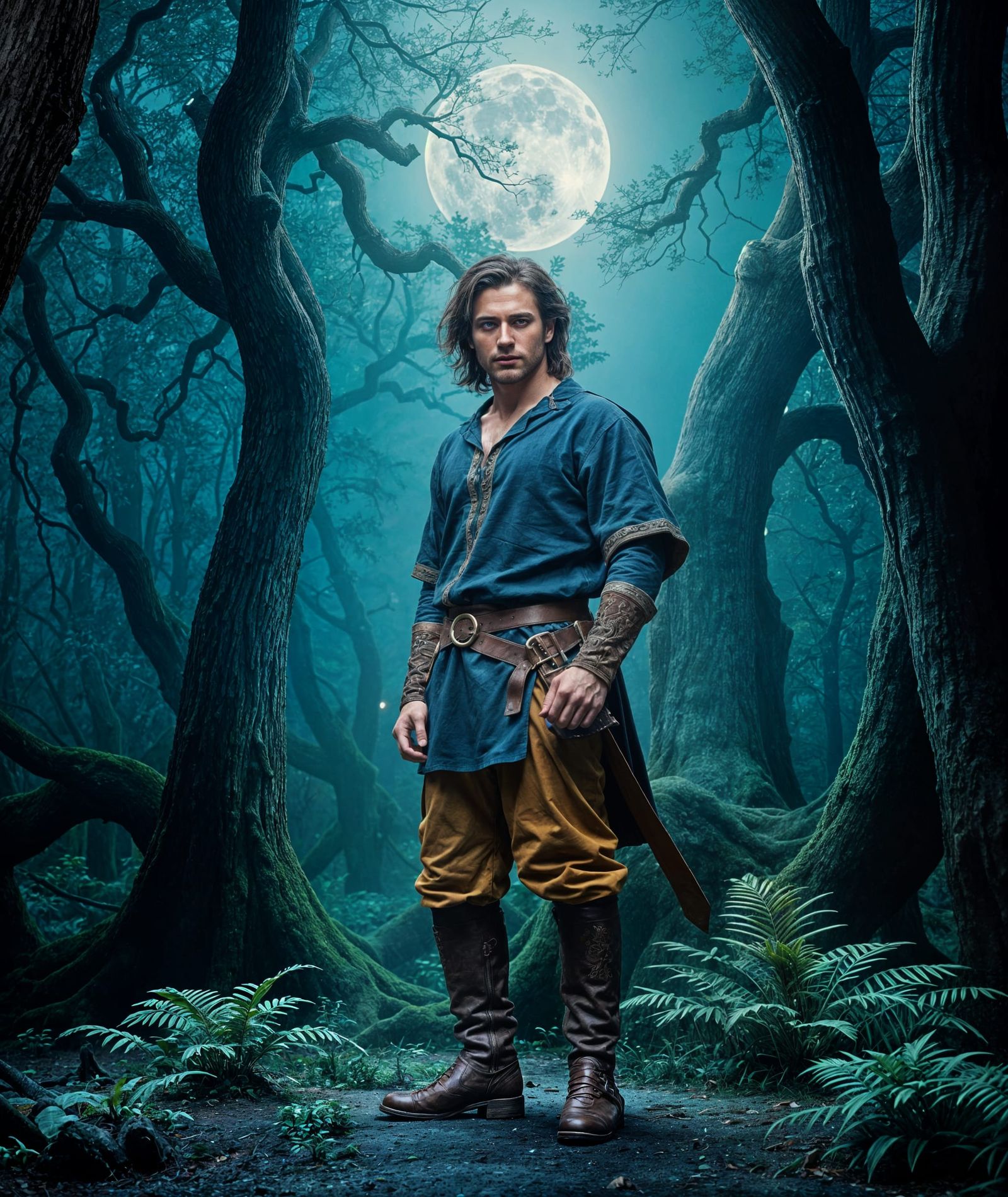 Handsome Warrior Scribe in Moonlit Forest Portrait