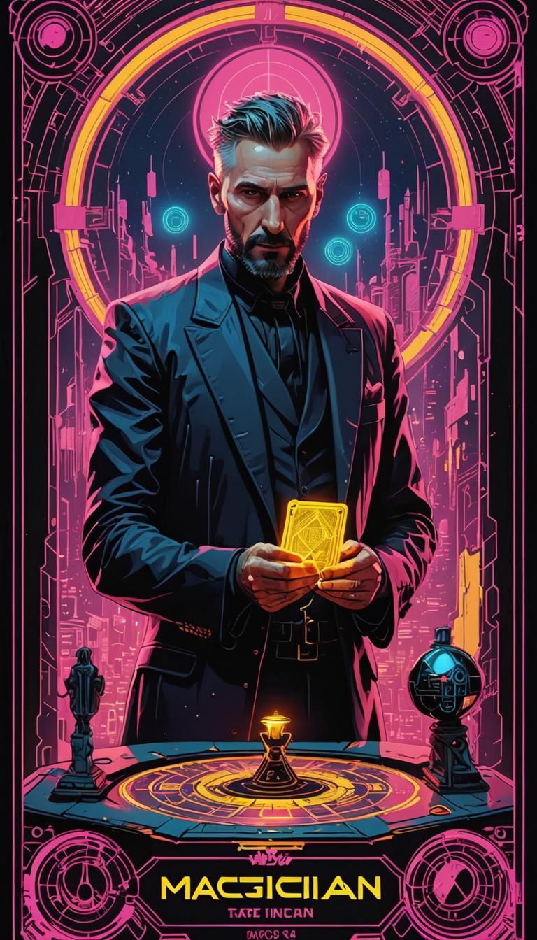 The Magician Tarot Card in Cyberpunk Style