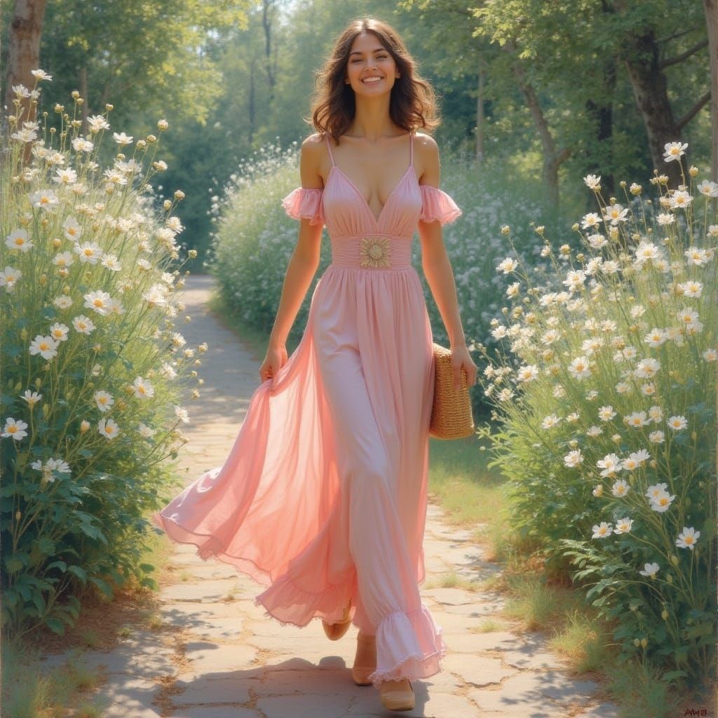 Elegant European Woman Strolls in Rose-Hued Garden