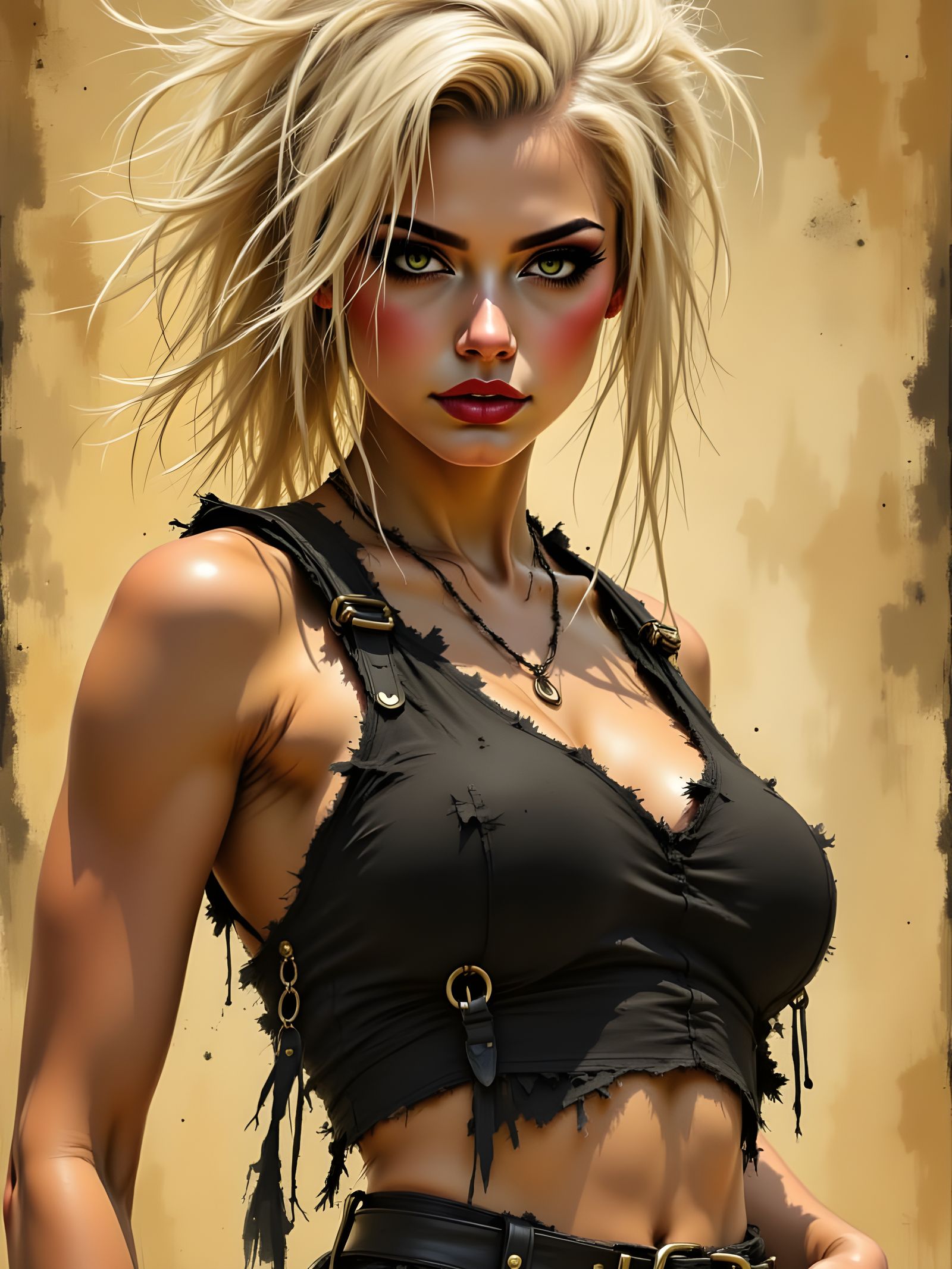 Dramatic Oil Painting of a Rebellious Woman in Leather Gear