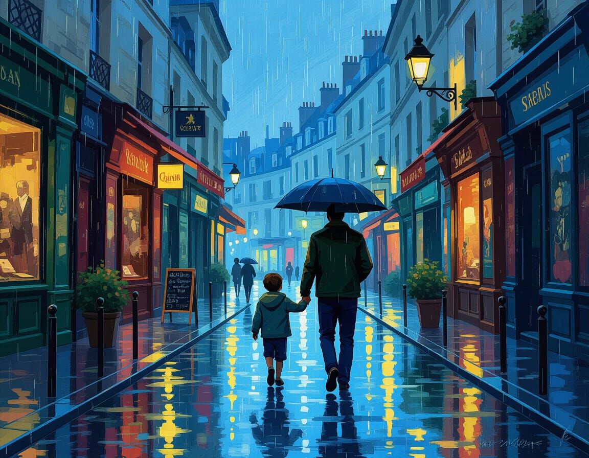 Rainy Paris Street Scene in Neo-Impressionist Style