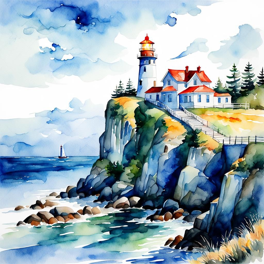 Watercolor Lighthouse on Hill by the Sea