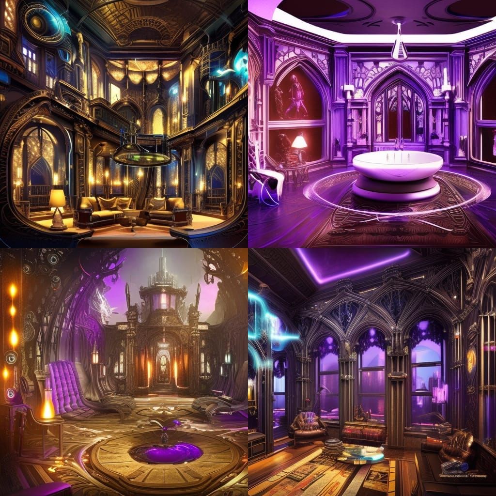 Futuristic gothic penthouse with gothic furniture& Black lights