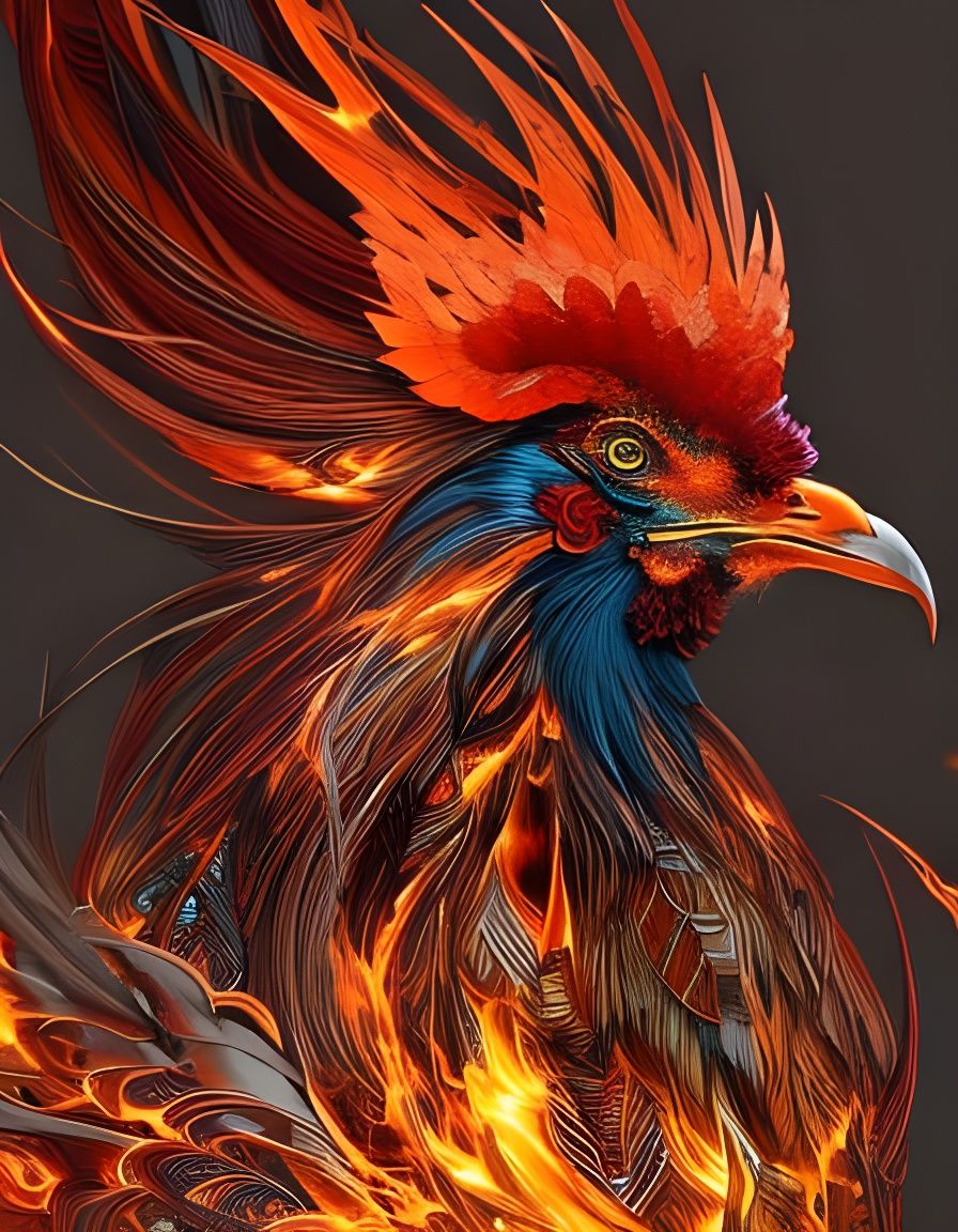 Flaming Rooster Portrait with Bronze Outline