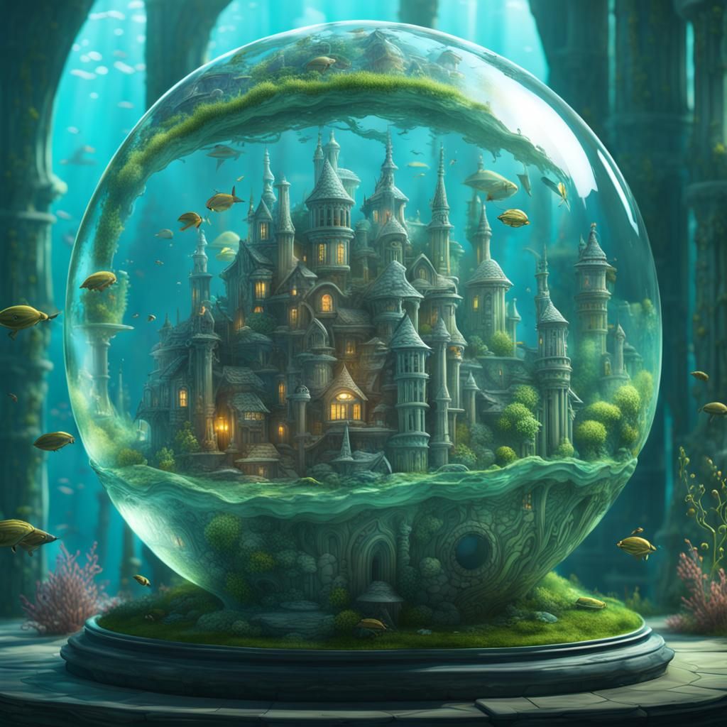 Cartoon Underwater City in Glass Globe, Detailed Matte Paint...