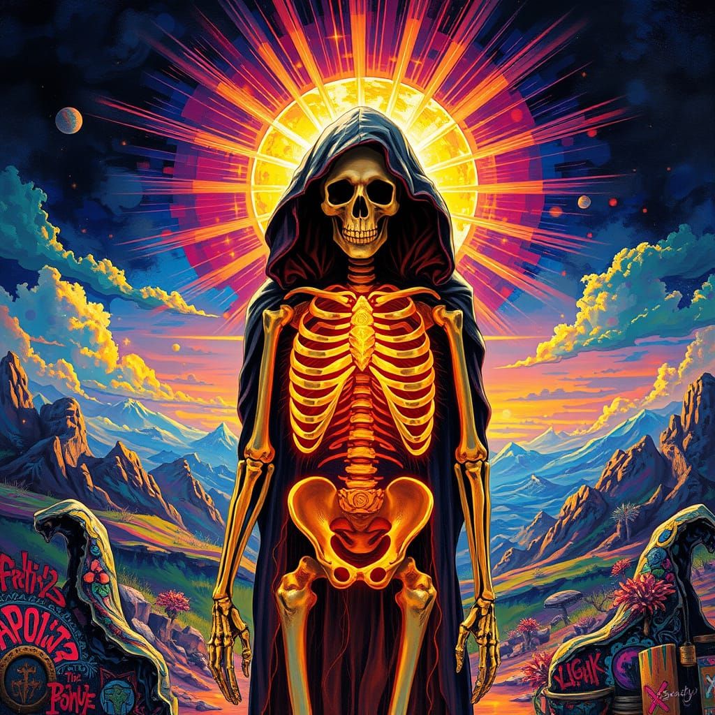 Ethereal Skeleton in Sacred Geometry Landscape