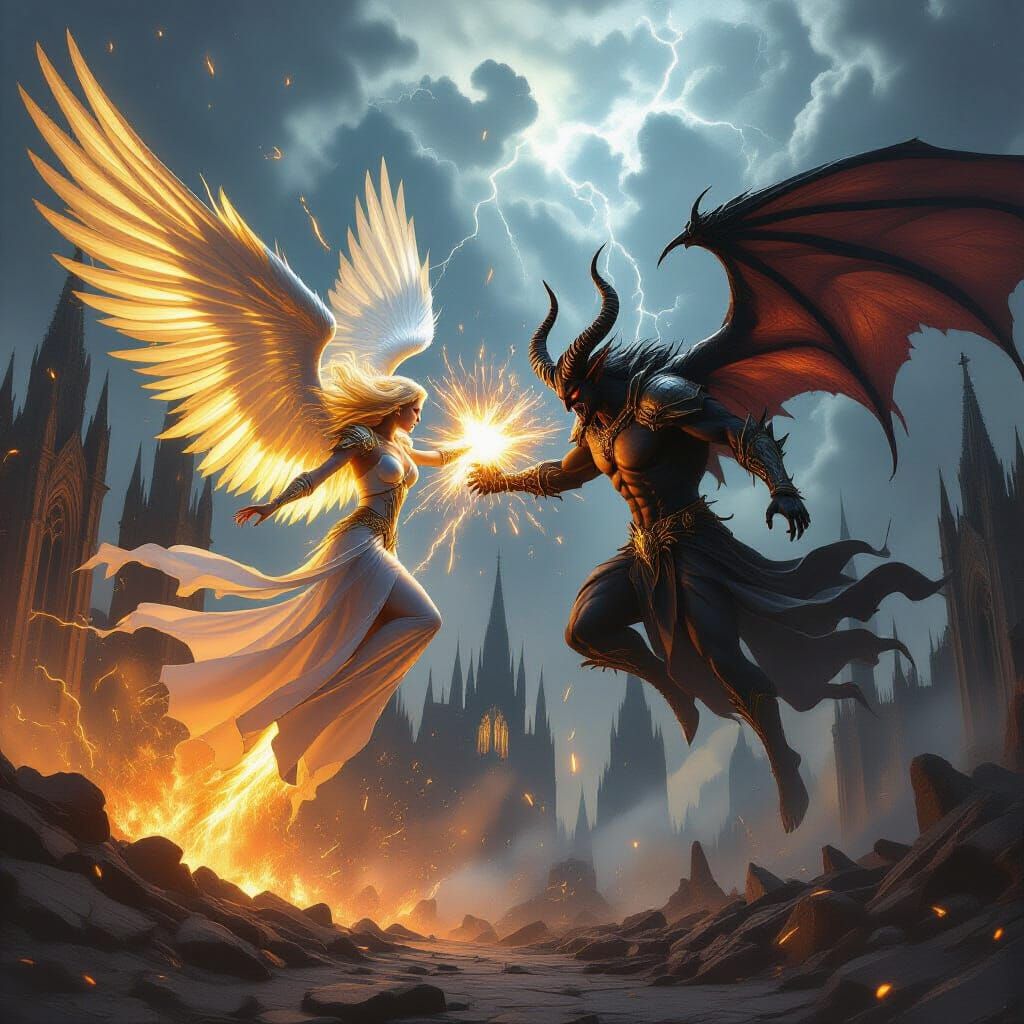 Angel and Demon Clash Above Ruined Cathedral