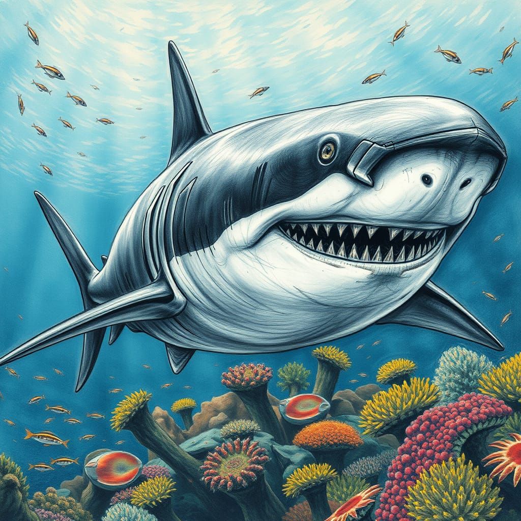Majestic Shark in a Vibrant Oceanic Scene, in a Realistic Ch...