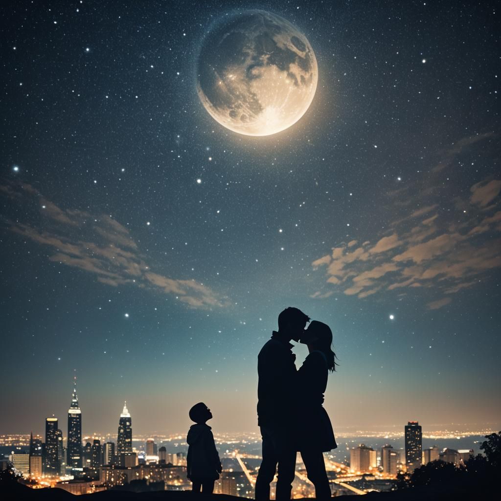 Romantic Kiss Under Starry Night Sky Digital Painting