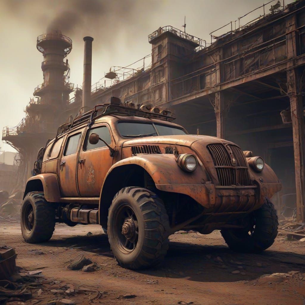 Steampunk Armoured Car in a Post-Apocalyptic Metropolis