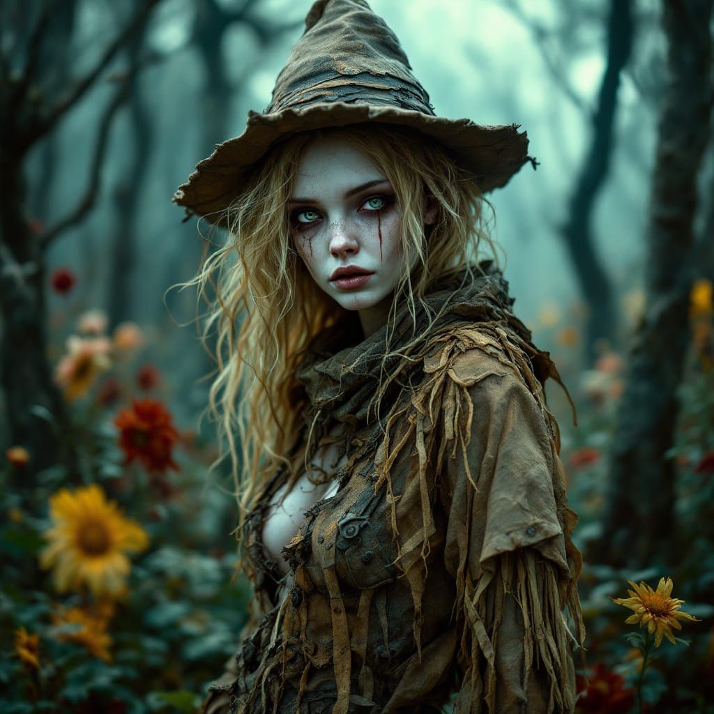 Dreamlike Scarecrow Woman in a Mystical Environment