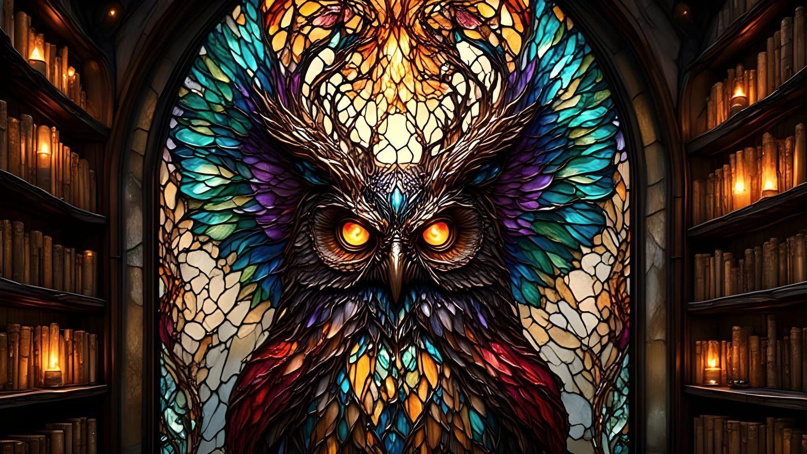 Mythical Owl's Wisdom in a Magical Library