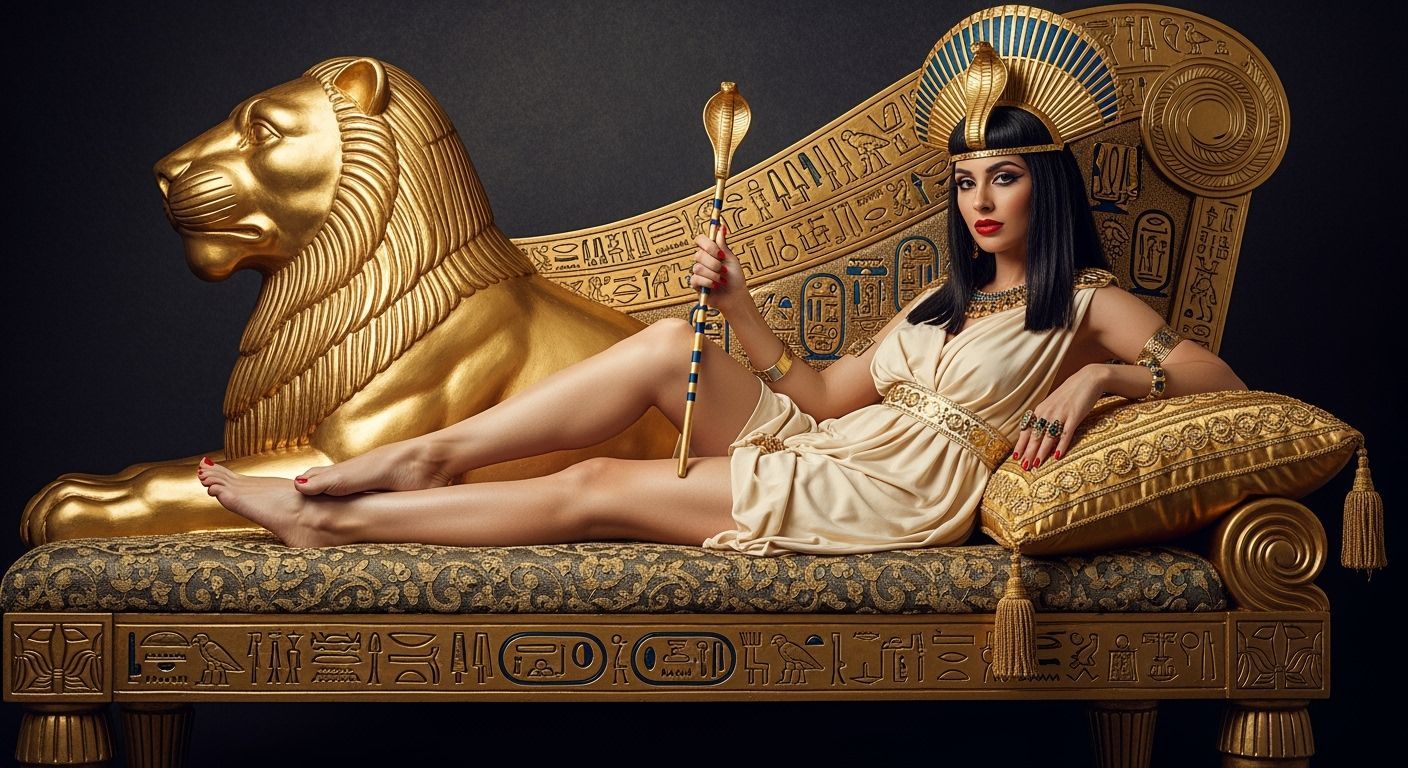 Egyptian Queen Lounging on Golden Chaise Longue