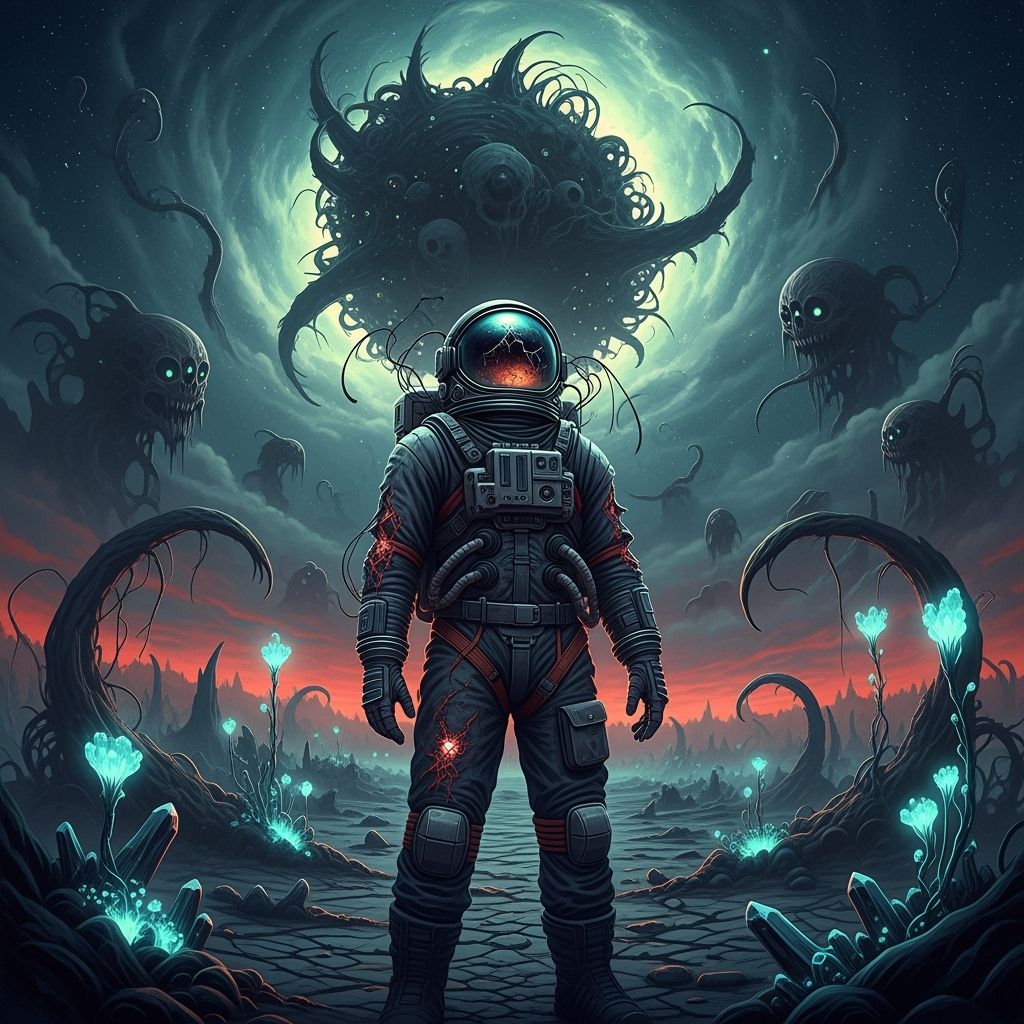 Astronaut Contemplates Nebula on Alien World