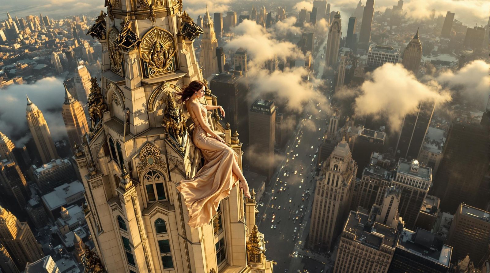 Woman on Art Deco Spire, Hollywood Cinematography
