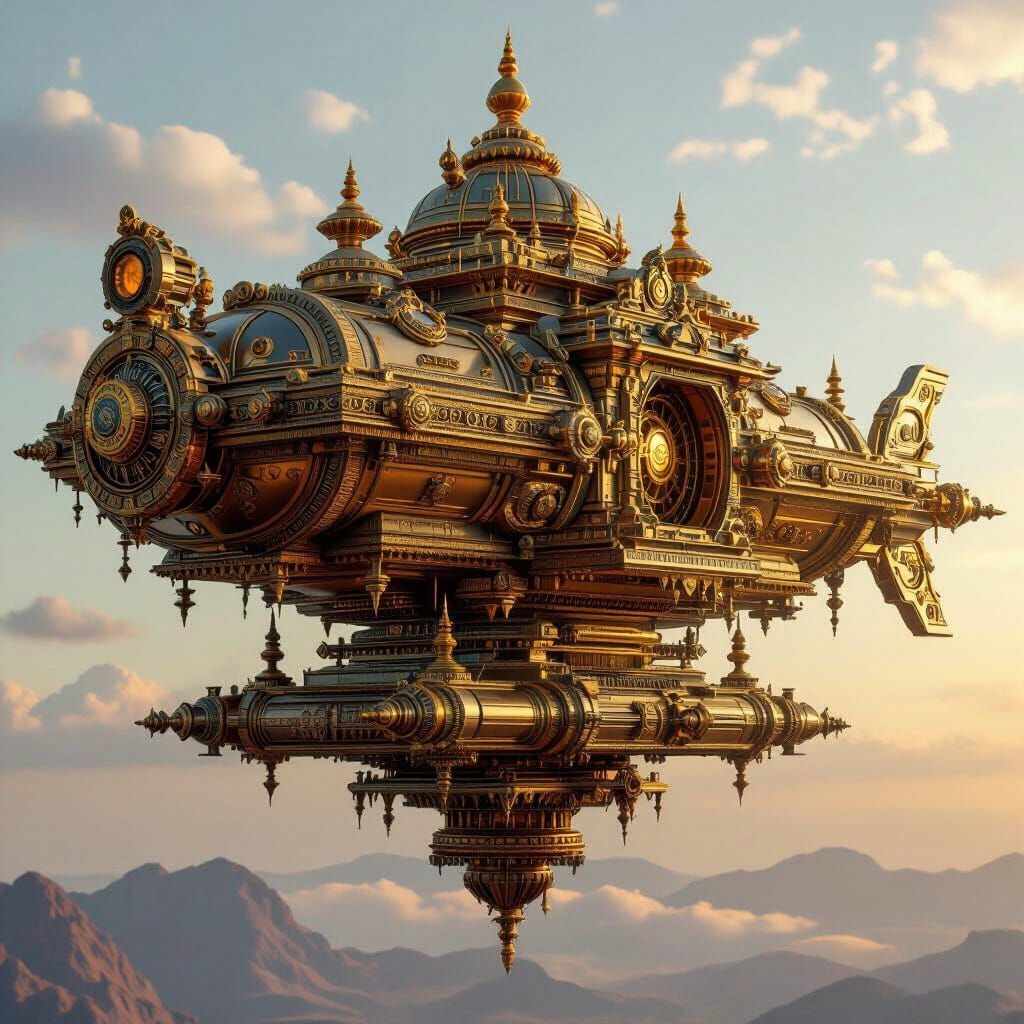 A golden, ornate airship is floating above a mountain range.