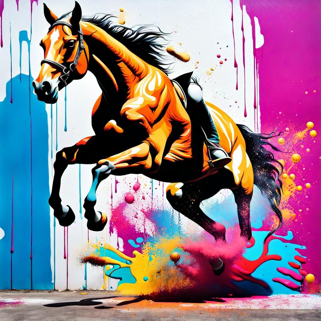 Horse Jumps Barrier in Graffiti Splash Art Style