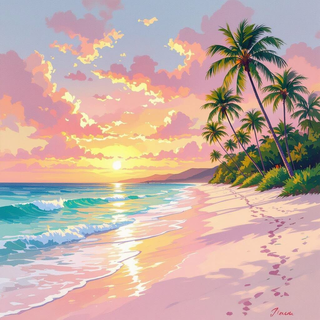Pink Sand Beach at Sunset in Gouache Watercolor Style