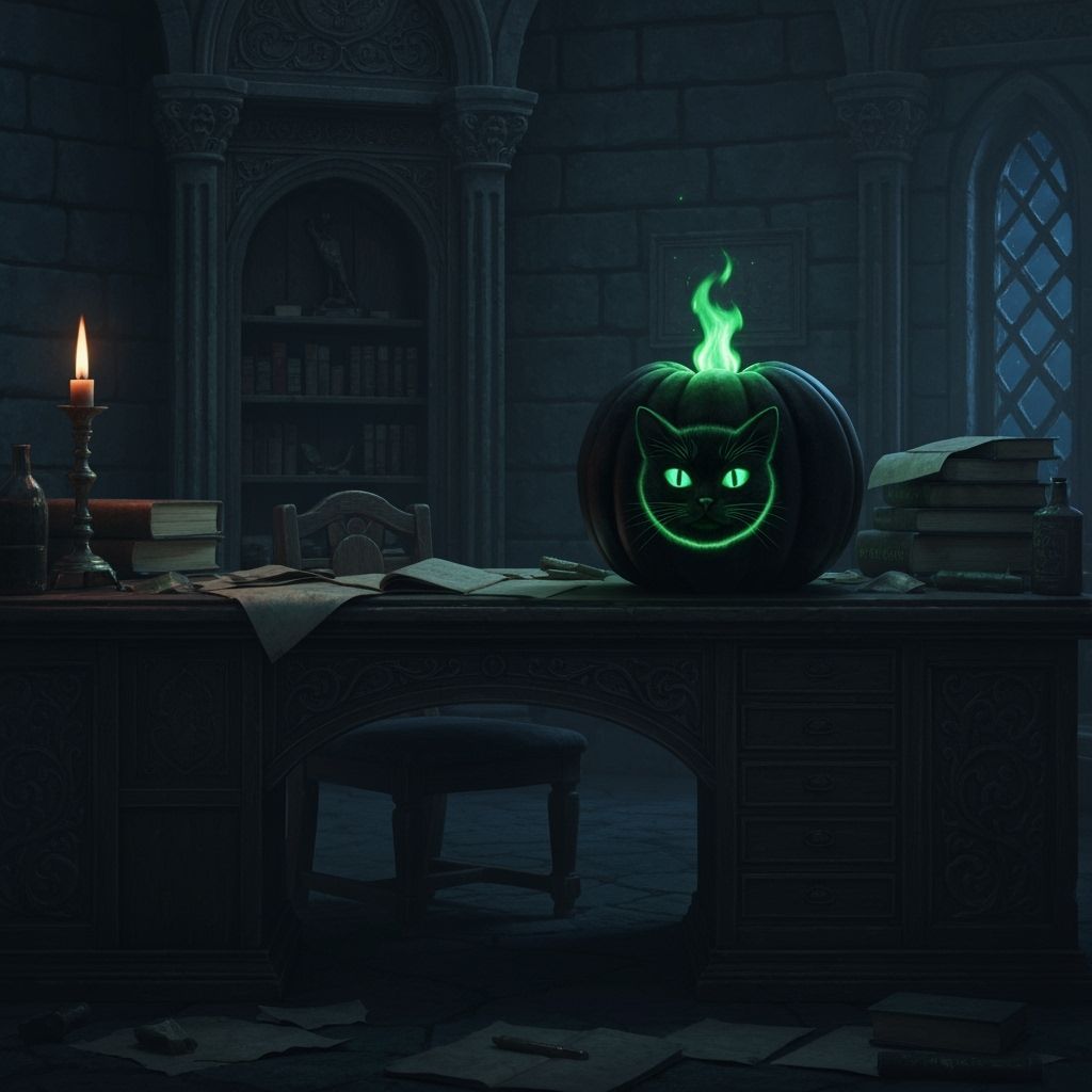 Medieval Wizard Castle Room with Black Cat Pumpkin