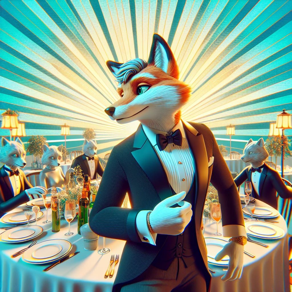 Fox in Tuxedo at Dinner Party in 1920s Animation Style