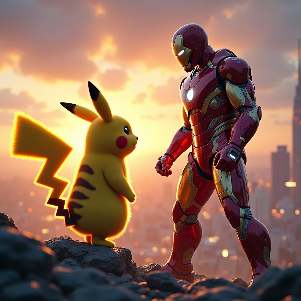 Pikachu vs Iron Man: Epic Cityscape Showdown