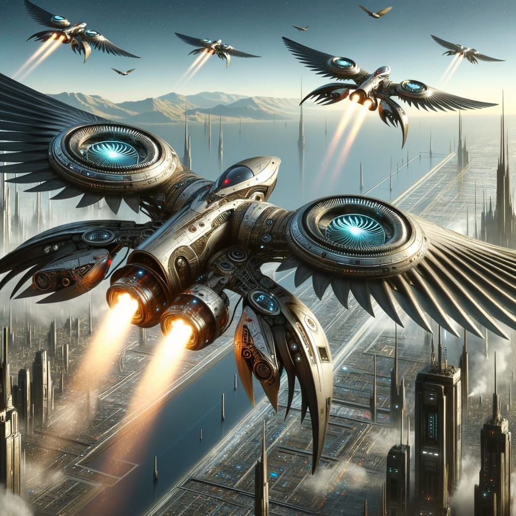 Futuristic Ornithopters in Dystopian Cyberpunk Cityscape