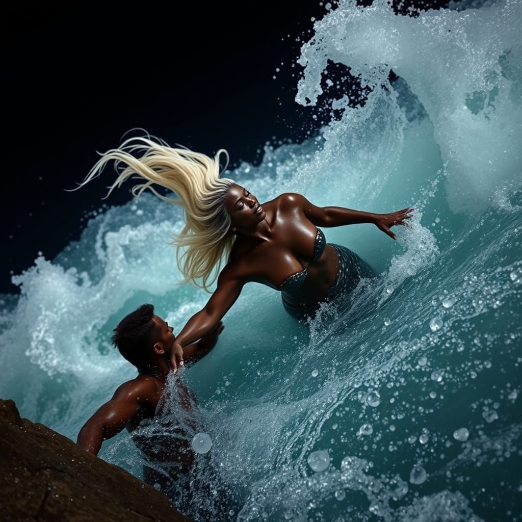 African Mermaid and Man in Moonlit Ocean