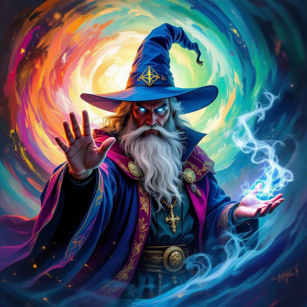 Hyperrealistic Wizard Casting Spell in Abstract Whirlpool