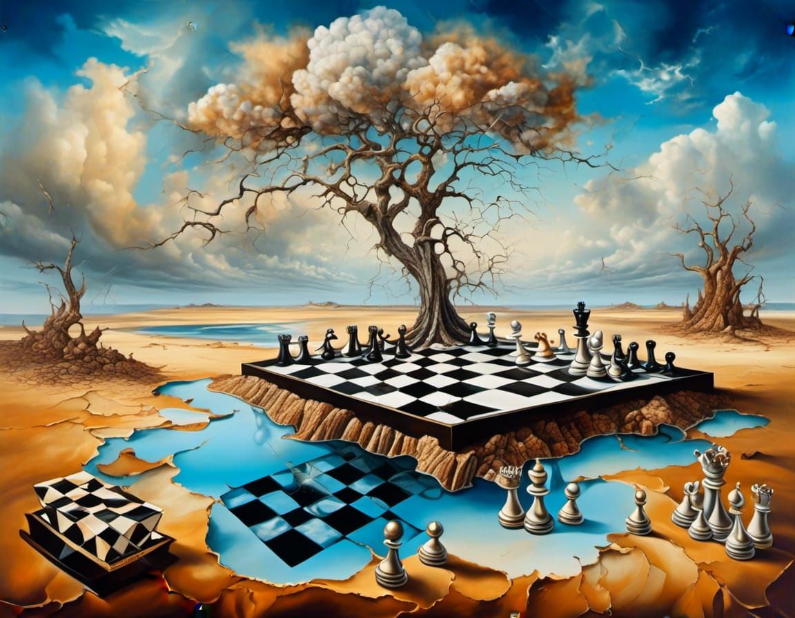 Surreal Desert Chess Game in Salvador Dali Style
