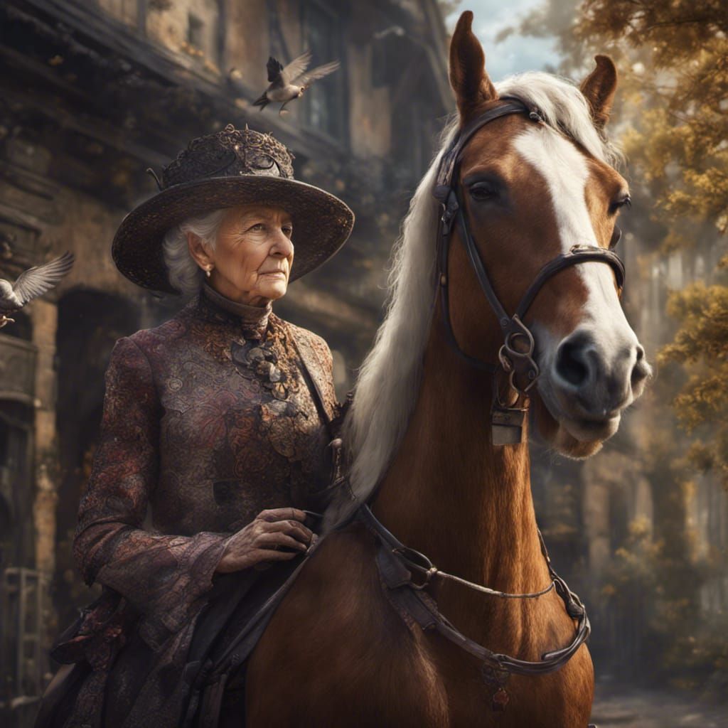 Old Woman on Horse Notices Bird, Fantasy Art
